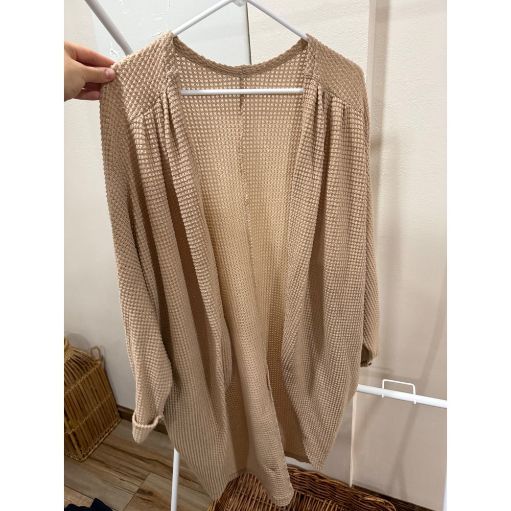 Khaki Tan Waffle Knit Cocoon Cardigan Oversized Open Front Wrap D5L166 XXL